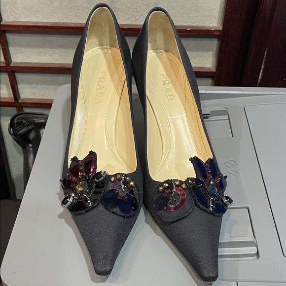 Prada Women’s Black Heels Fabric Material with Jewel Accents Size 37 1/2